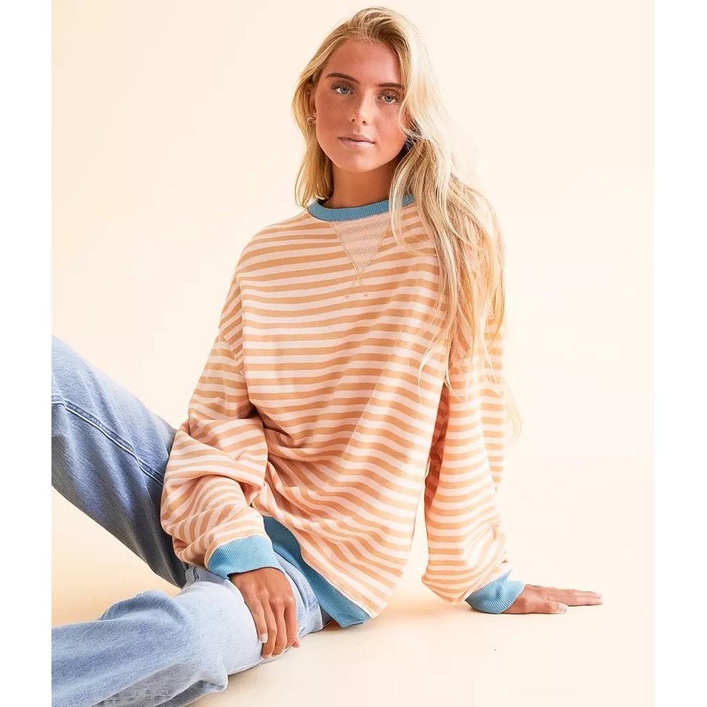 We The Free Free People Striped Oversized Sweatshirt Blue Peach Small